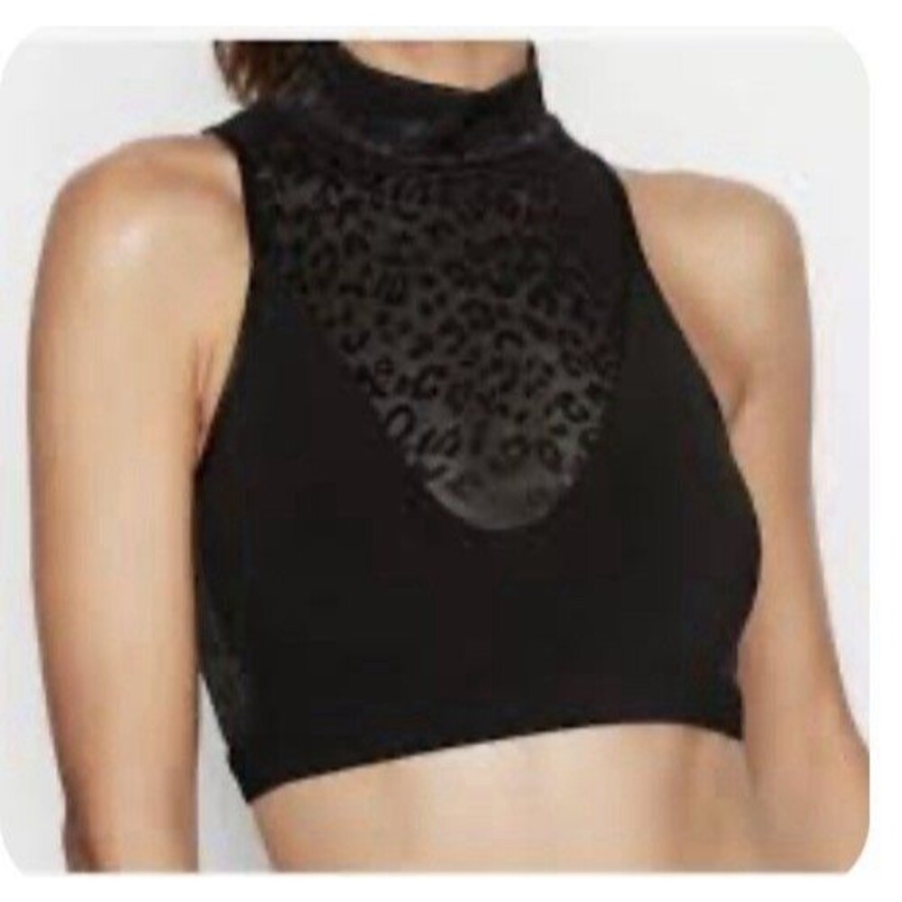 Victoria's Secret Sport Mock Neck Crop Top Black Sheer Leopard Print Size M